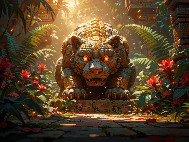 Gammel stenstatue af en plettet storkat med ravgule &oslash;jne - illustration til bonus buy-slots