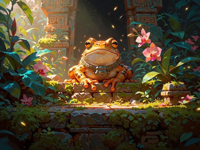 Gylden junglefr&oslash; med stenkrave p&aring; et mosgroet tempeltrin - illustration til popul&aelig;re slots