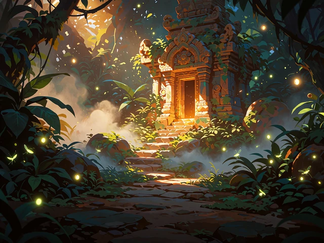 Overgroet stenhelligdom med gyldent lysende d&oslash;r i m&oslash;rk jungle - illustration til nye spil