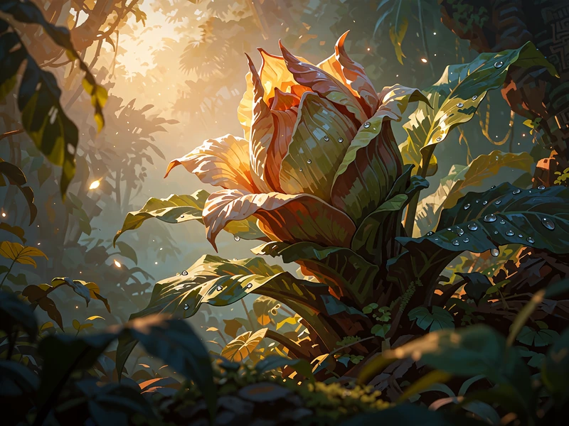 Giganternes jungleblomst folder sig ud i morgenlys - illustration til kategorien nye spilleautomater